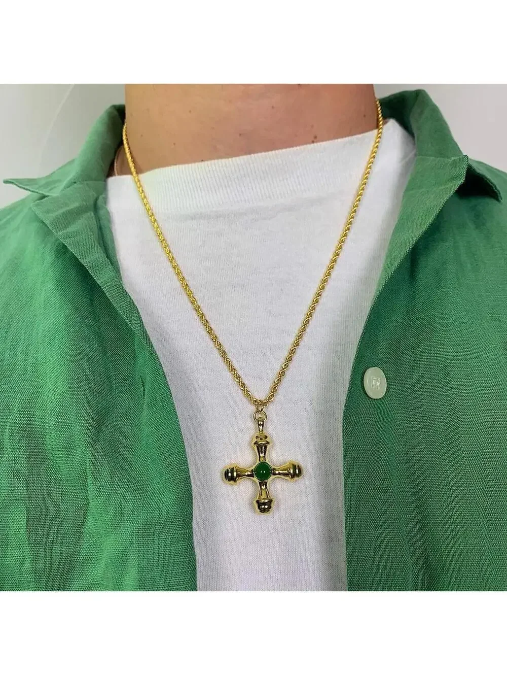 Futuristic Cross Star Green Opal Pendant Gold Rope Chain Necklace. Stainless